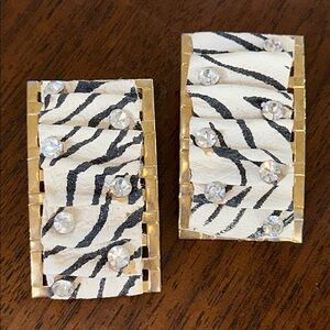 Black & White Zebra Print Large Rectangle Gold Tone Clip Earrings w/ Rhinestones